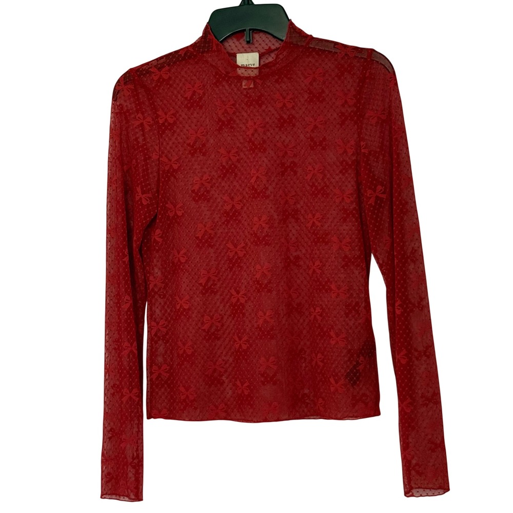 Anthropologie Maeve Bow Lace Turtleneck Top Red Pointelle Sheer‎ Mesh - Small